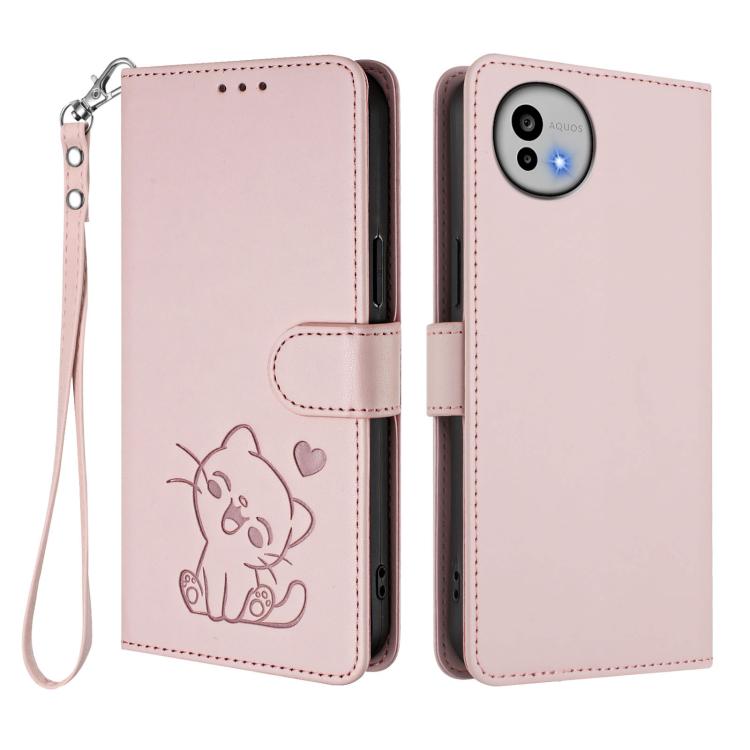 Embossed Heart Cat Leather Phone Case with Hand Strap, For Sharp Aquos wish6, For Sharp Aquos R11, For Sharp Aquos Sense 10, For Sharp Aquos R10