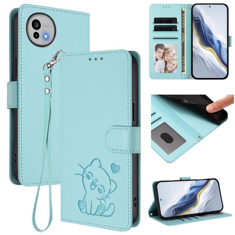 Embossed Heart Cat Leather Phone Case with Hand Strap, For Sharp Aquos wish6, For Sharp Aquos R11, For Sharp Aquos Sense 10, For Sharp Aquos R10