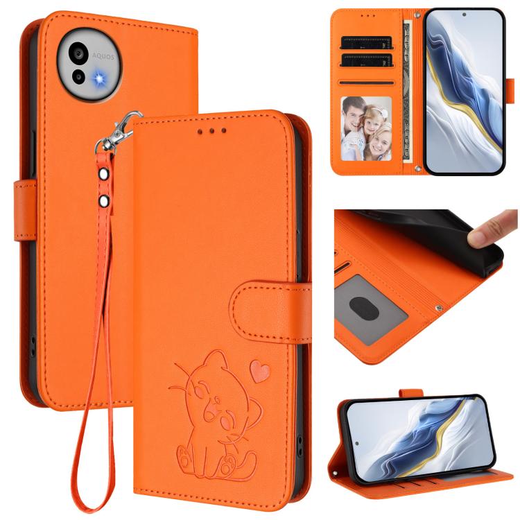 Embossed Heart Cat Leather Phone Case with Hand Strap, For Sharp Aquos wish6, For Sharp Aquos R11, For Sharp Aquos Sense 10, For Sharp Aquos R10