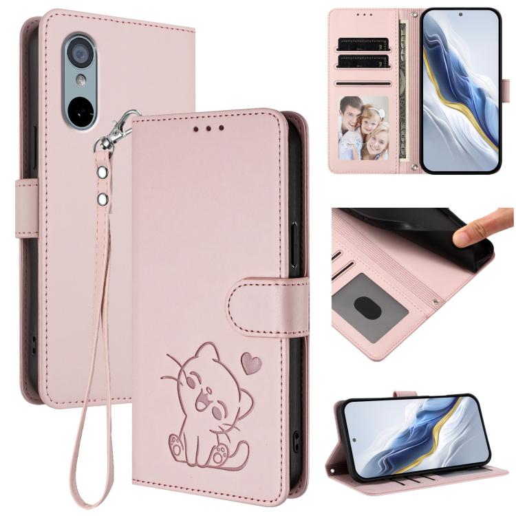 Embossed Heart Cat Leather Phone Case with Hand Strap, For Sharp Aquos wish3, For Sharp Aquos R7