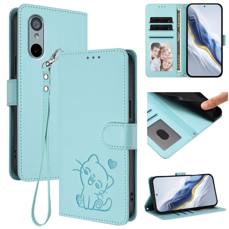 Embossed Heart Cat Leather Phone Case with Hand Strap, For Sharp Aquos wish3, For Sharp Aquos R7