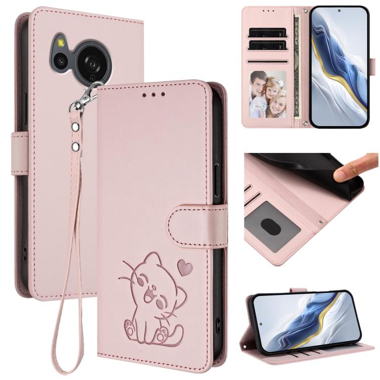 Embossed Heart Cat Leather Phone Case with Hand Strap, For Sharp Aquos R9 Pro, For Sharp Aquos wish4, For Sharp Aquos R9, For Sharp Aquos Sense8 SHG11 / SH-54D