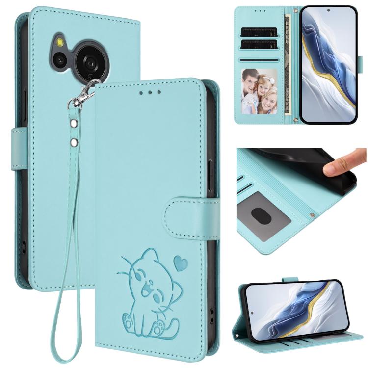 Embossed Heart Cat Leather Phone Case with Hand Strap, For Sharp Aquos R9 Pro, For Sharp Aquos wish4, For Sharp Aquos R9, For Sharp Aquos Sense8 SHG11 / SH-54D