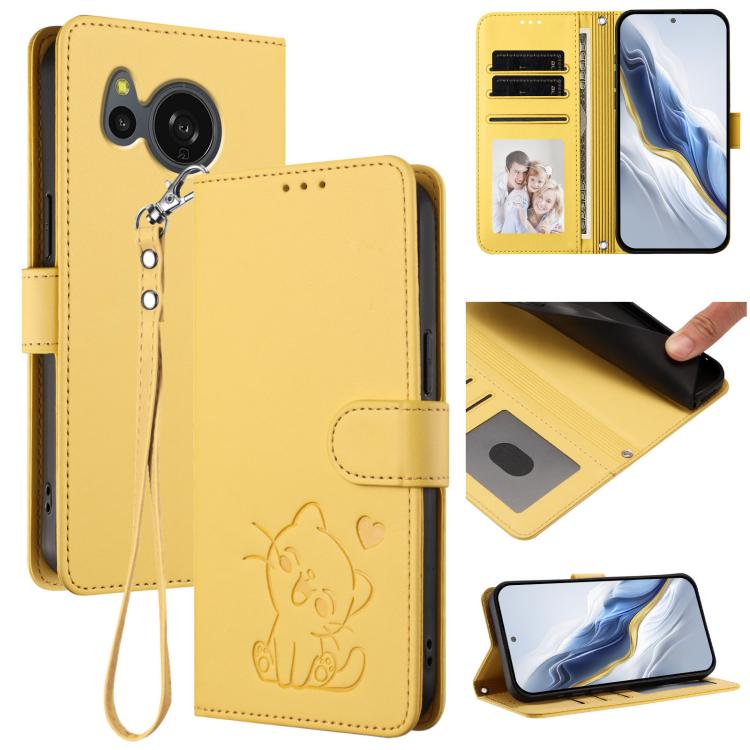 Embossed Heart Cat Leather Phone Case with Hand Strap, For Sharp Aquos R9 Pro, For Sharp Aquos wish4, For Sharp Aquos R9, For Sharp Aquos Sense8 SHG11 / SH-54D