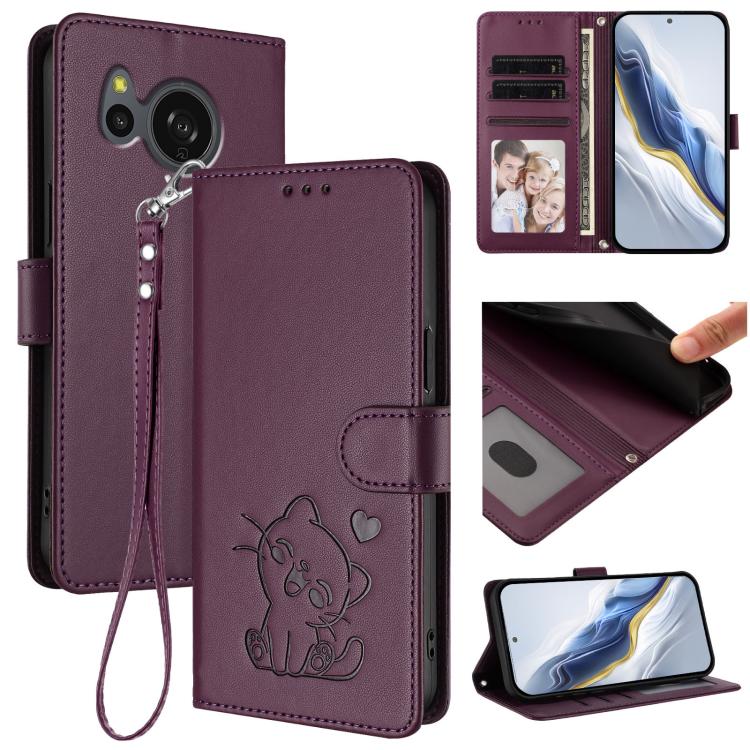 Embossed Heart Cat Leather Phone Case with Hand Strap, For Sharp Aquos R9 Pro, For Sharp Aquos wish4, For Sharp Aquos R9, For Sharp Aquos Sense8 SHG11 / SH-54D