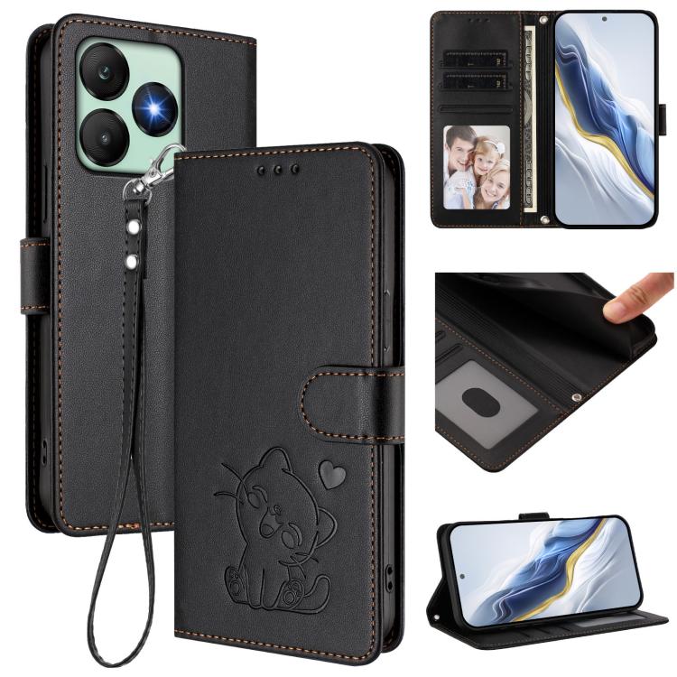 Embossed Heart Cat Leather Phone Case with Hand Strap, For Wiko T60 / Cubot P80, For Wiko T20