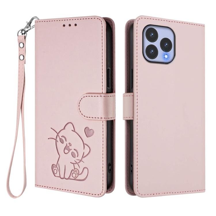 Embossed Heart Cat Leather Phone Case with Hand Strap, For Wiko T60 / Cubot P80, For Wiko T20