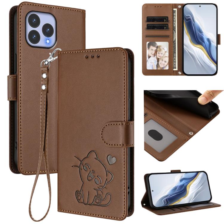 Embossed Heart Cat Leather Phone Case with Hand Strap, For Wiko T60 / Cubot P80, For Wiko T20