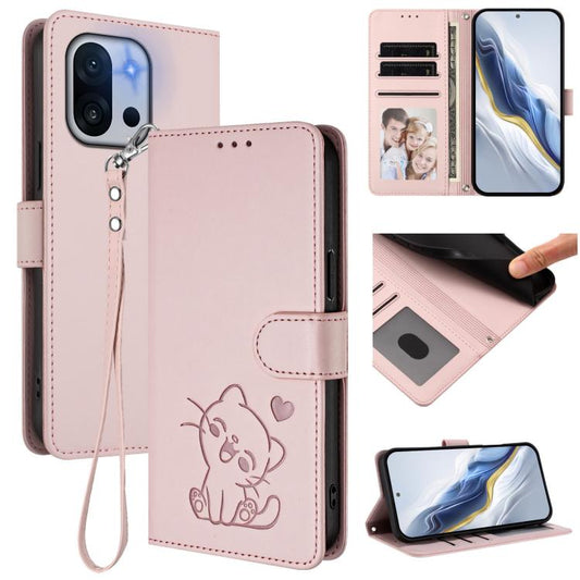 Embossed Heart Cat Leather Phone Case with Hand Strap, For OnePlus 13T 5G, For OnePlus 13R / Ace 5 Pro / Ace 5, For OnePlus 13, For OnePlus Nord 4 5G