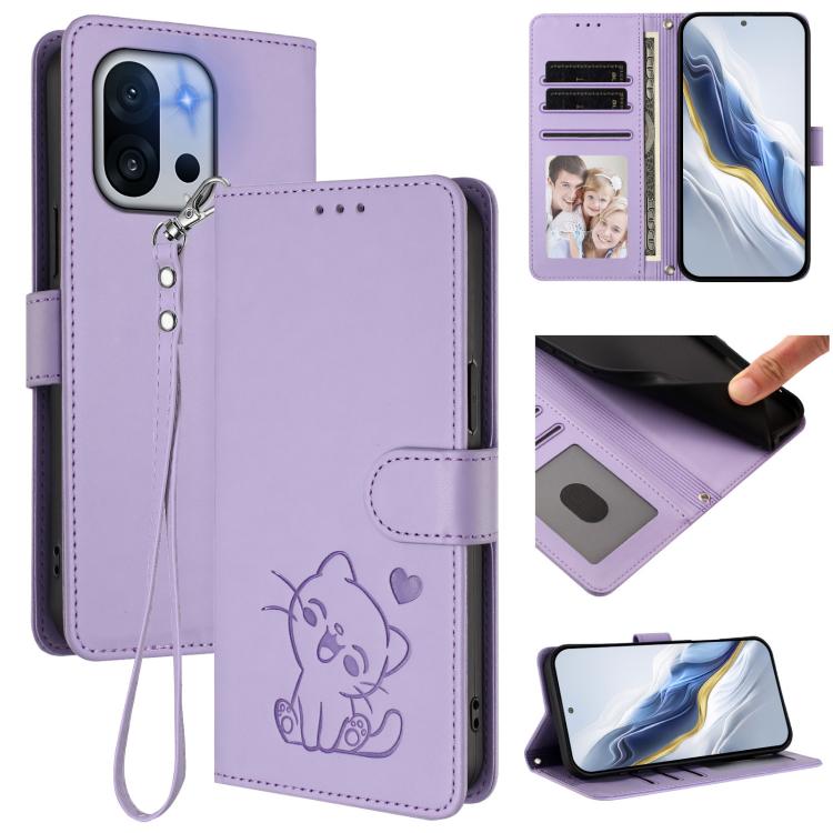 Embossed Heart Cat Leather Phone Case with Hand Strap, For OnePlus 13T 5G, For OnePlus 13R / Ace 5 Pro / Ace 5, For OnePlus 13, For OnePlus Nord 4 5G