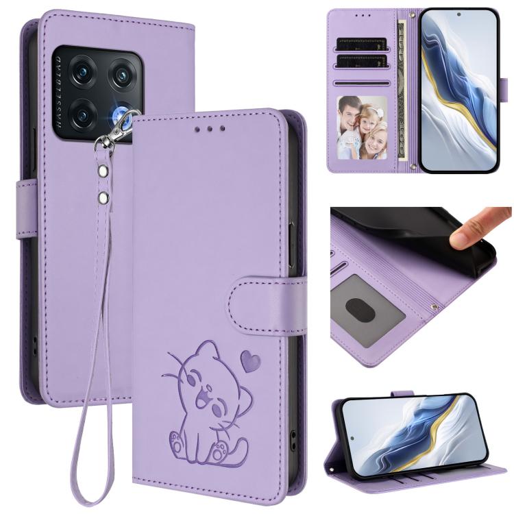 Embossed Heart Cat Leather Phone Case with Hand Strap, For OnePlus Nord CE 2 5G, For OnePlus 10 Pro 5G, OnePlus Nord N20 5G, For OnePlus Nord N200 5G
