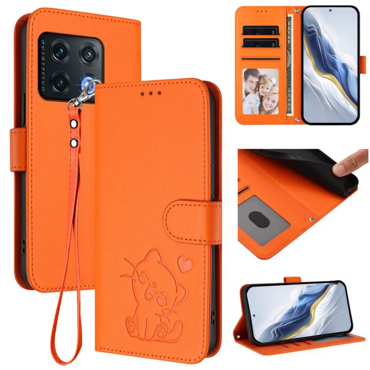 Embossed Heart Cat Leather Phone Case with Hand Strap, For OnePlus Nord CE 2 5G, For OnePlus 10 Pro 5G, OnePlus Nord N20 5G, For OnePlus Nord N200 5G