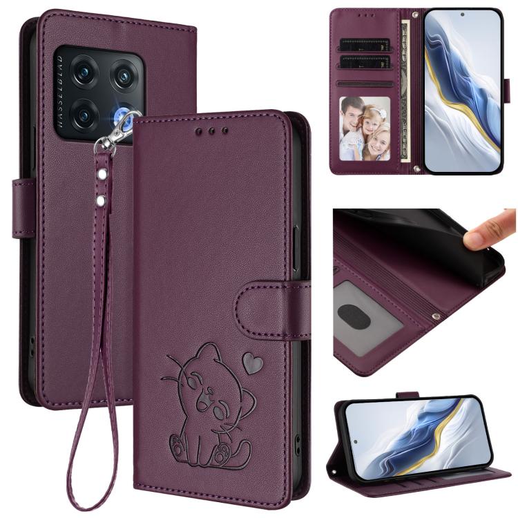 Embossed Heart Cat Leather Phone Case with Hand Strap, For OnePlus Nord CE 2 5G, For OnePlus 10 Pro 5G, OnePlus Nord N20 5G, For OnePlus Nord N200 5G
