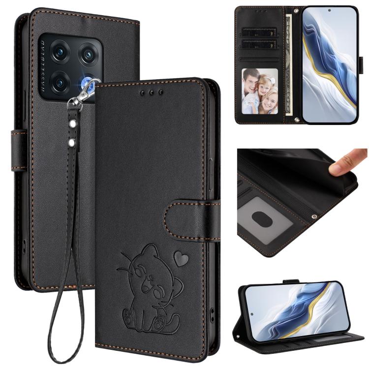 Embossed Heart Cat Leather Phone Case with Hand Strap, For OnePlus Nord CE 2 5G, For OnePlus 10 Pro 5G, OnePlus Nord N20 5G, For OnePlus Nord N200 5G