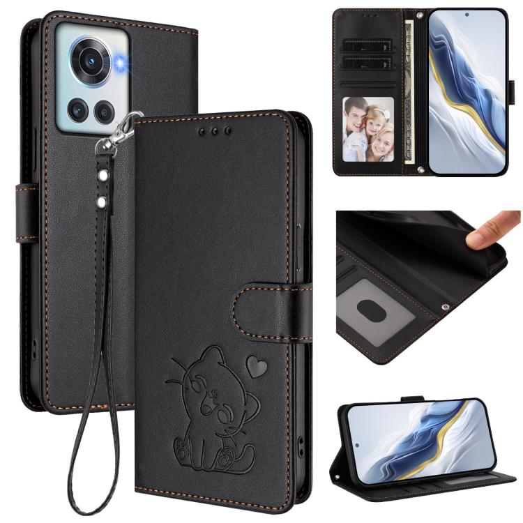 Embossed Heart Cat Leather Phone Case with Hand Strap, For OnePlus Nord N300, For OnePlus 10T 5G / Ace Pro 5G, For OnePlus Nord 2T, For OnePlus 10R / Ace / 10R Prime