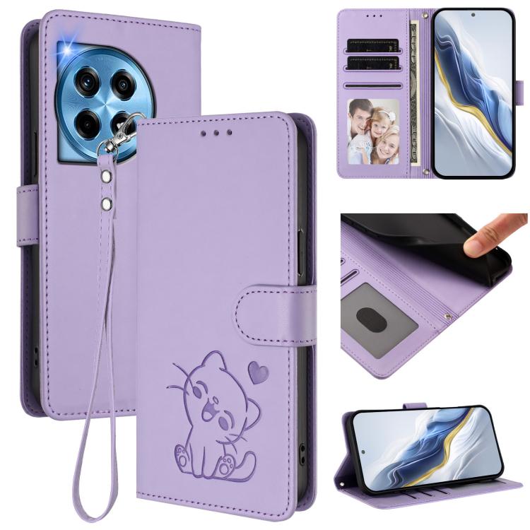 Embossed Heart Cat Leather Phone Case with Hand Strap, For OnePlus 12R 5G / Ace 3 5G, For OnePlus 12 5G, For OnePlus Ace 2 Pro 5G, For OnePlus Nord CE3 5G India