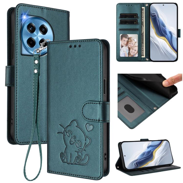 Embossed Heart Cat Leather Phone Case with Hand Strap, For OnePlus 12R 5G / Ace 3 5G, For OnePlus 12 5G, For OnePlus Ace 2 Pro 5G, For OnePlus Nord CE3 5G India