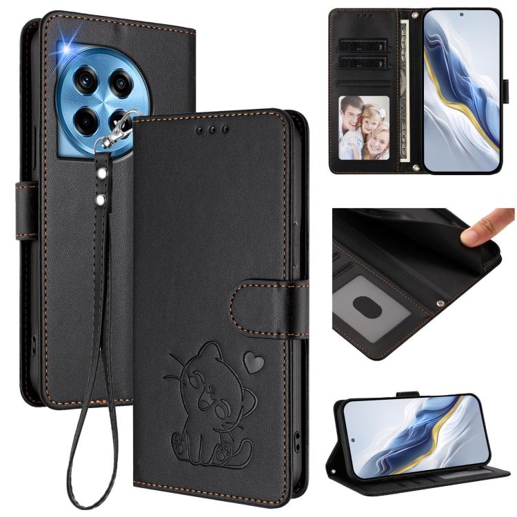 Embossed Heart Cat Leather Phone Case with Hand Strap, For OnePlus 12R 5G / Ace 3 5G, For OnePlus 12 5G, For OnePlus Ace 2 Pro 5G, For OnePlus Nord CE3 5G India