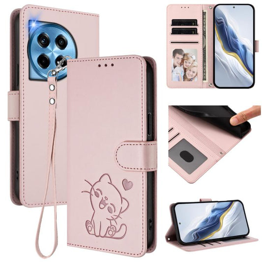 Embossed Heart Cat Leather Phone Case with Hand Strap, For OnePlus 12R 5G / Ace 3 5G, For OnePlus 12 5G, For OnePlus Ace 2 Pro 5G, For OnePlus Nord CE3 5G India