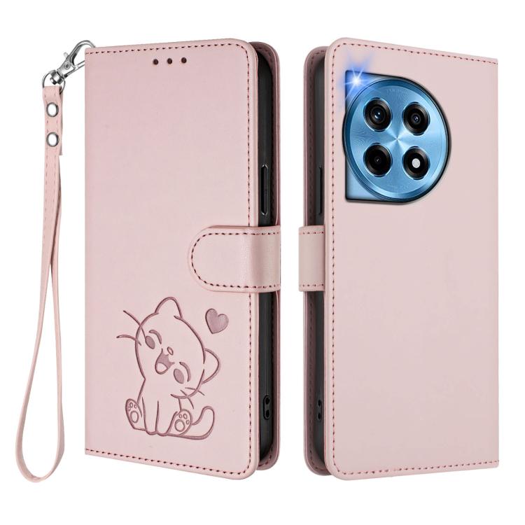 Embossed Heart Cat Leather Phone Case with Hand Strap, For OnePlus 12R 5G / Ace 3 5G, For OnePlus 12 5G, For OnePlus Ace 2 Pro 5G, For OnePlus Nord CE3 5G India
