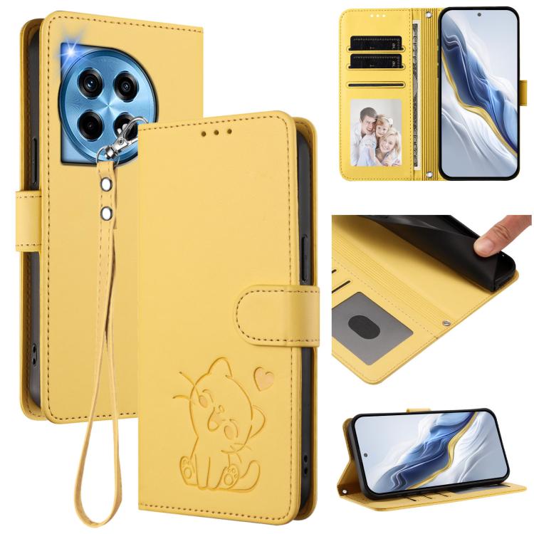 Embossed Heart Cat Leather Phone Case with Hand Strap, For OnePlus 12R 5G / Ace 3 5G, For OnePlus 12 5G, For OnePlus Ace 2 Pro 5G, For OnePlus Nord CE3 5G India