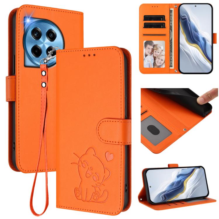 Embossed Heart Cat Leather Phone Case with Hand Strap, For OnePlus 12R 5G / Ace 3 5G, For OnePlus 12 5G, For OnePlus Ace 2 Pro 5G, For OnePlus Nord CE3 5G India