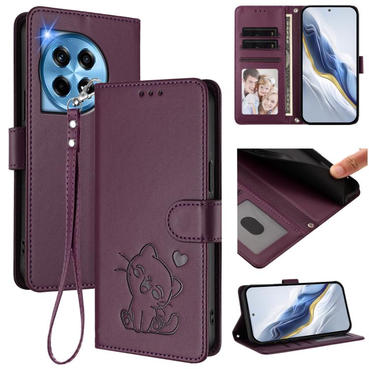 Embossed Heart Cat Leather Phone Case with Hand Strap, For OnePlus 12R 5G / Ace 3 5G, For OnePlus 12 5G, For OnePlus Ace 2 Pro 5G, For OnePlus Nord CE3 5G India