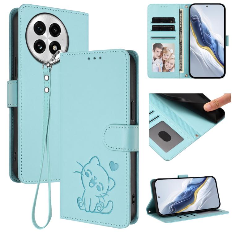 Embossed Heart Cat Leather Phone Case with Hand Strap, For OnePlus 13T 5G, For OnePlus 13R / Ace 5 Pro / Ace 5, For OnePlus 13, For OnePlus Nord 4 5G