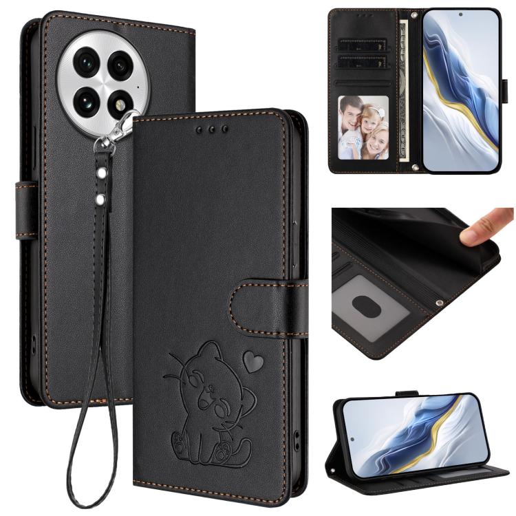 Embossed Heart Cat Leather Phone Case with Hand Strap, For OnePlus 13T 5G, For OnePlus 13R / Ace 5 Pro / Ace 5, For OnePlus 13, For OnePlus Nord 4 5G