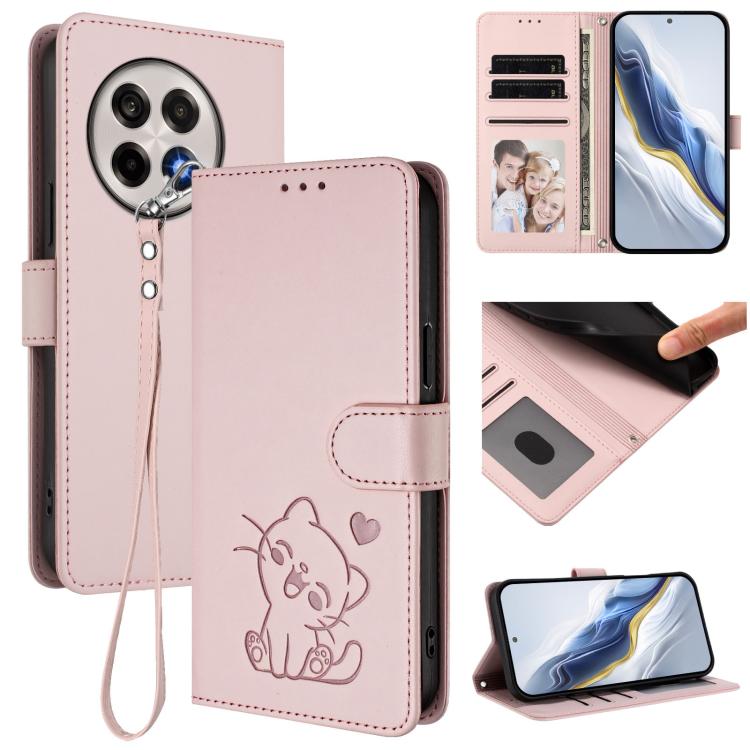 Embossed Heart Cat Leather Phone Case with Hand Strap, For OnePlus 13T 5G, For OnePlus 13R / Ace 5 Pro / Ace 5, For OnePlus 13, For OnePlus Nord 4 5G