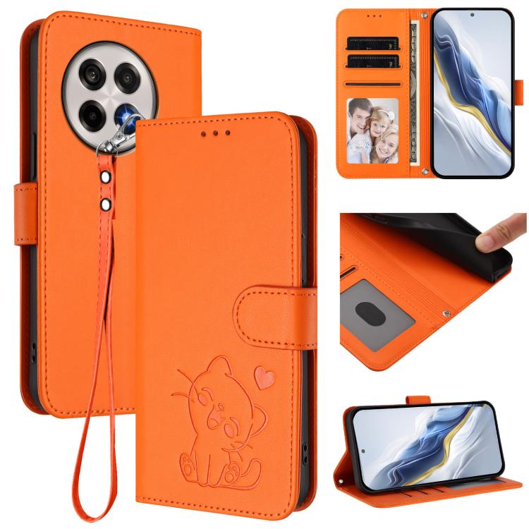 Embossed Heart Cat Leather Phone Case with Hand Strap, For OnePlus 13T 5G, For OnePlus 13R / Ace 5 Pro / Ace 5, For OnePlus 13, For OnePlus Nord 4 5G