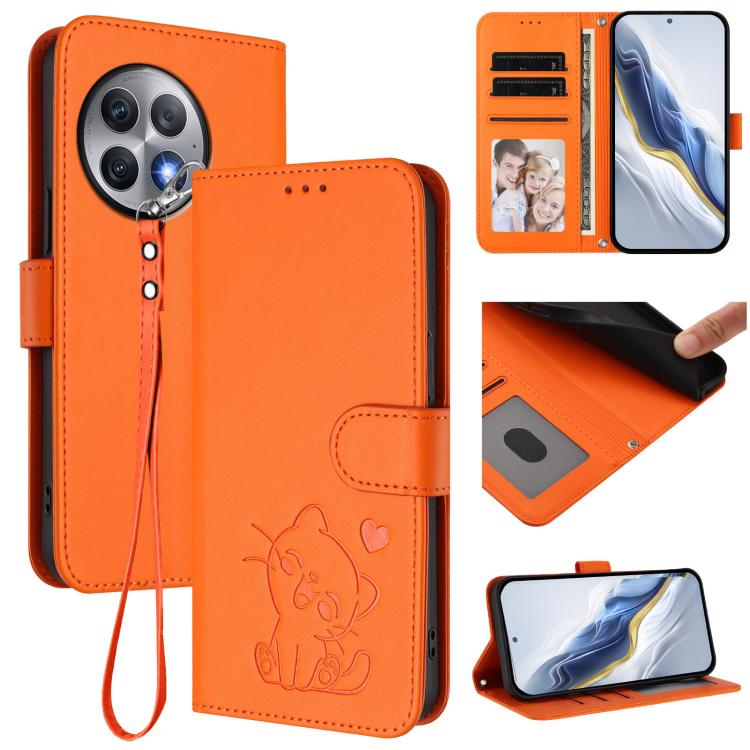 Embossed Heart Cat Leather Phone Case with Hand Strap, For OnePlus 12R 5G / Ace 3 5G, For OnePlus 12 5G, For OnePlus Ace 2 Pro 5G, For OnePlus Nord CE3 5G India