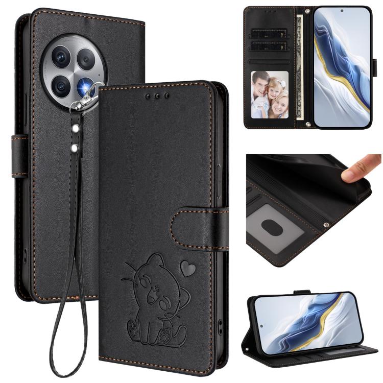 Embossed Heart Cat Leather Phone Case with Hand Strap, For OnePlus 12R 5G / Ace 3 5G, For OnePlus 12 5G, For OnePlus Ace 2 Pro 5G, For OnePlus Nord CE3 5G India