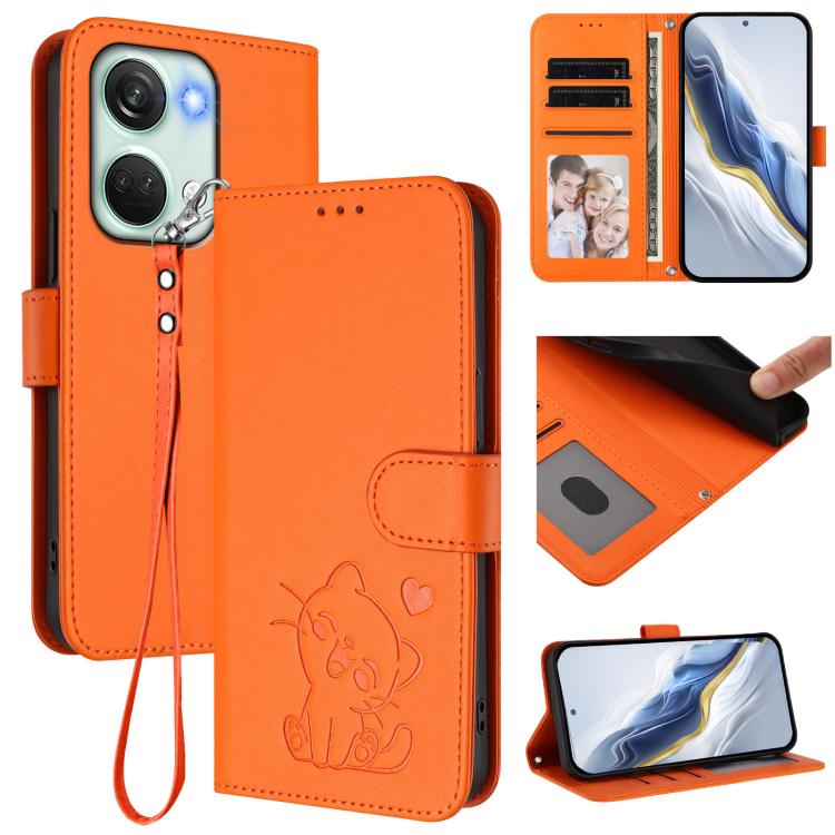 Embossed Heart Cat Leather Phone Case with Hand Strap, For OnePlus Nord CE3 Lite 5G / N30, For OnePlus Nord 3 / Ace 2V, For OnePlus 11R 5G / Ace 2 5G, For OnePlus 11