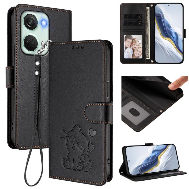 Embossed Heart Cat Leather Phone Case with Hand Strap, For OnePlus Nord CE3 Lite 5G / N30, For OnePlus Nord 3 / Ace 2V, For OnePlus 11R 5G / Ace 2 5G, For OnePlus 11
