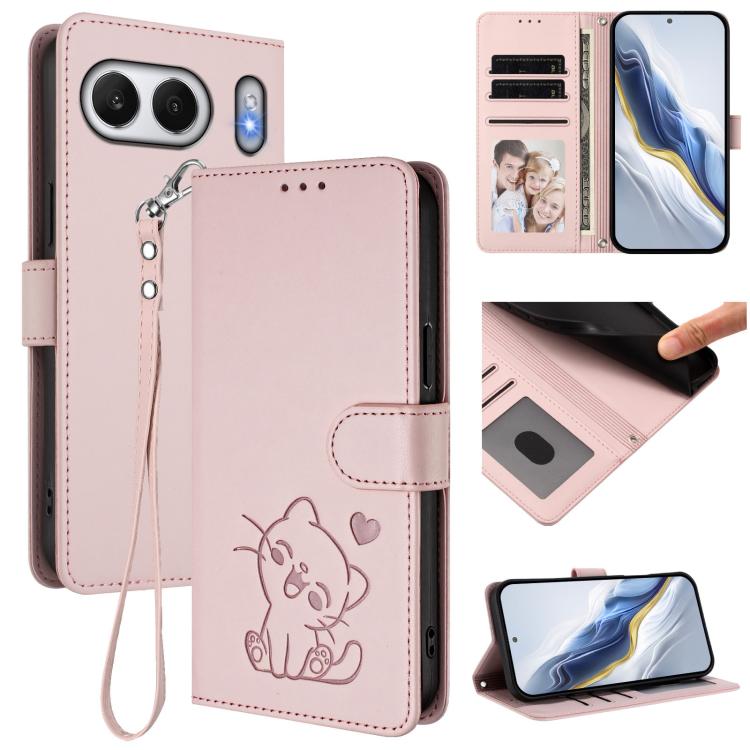Embossed Heart Cat Leather Phone Case with Hand Strap, For OnePlus 13T 5G, For OnePlus 13R / Ace 5 Pro / Ace 5, For OnePlus 13, For OnePlus Nord 4 5G