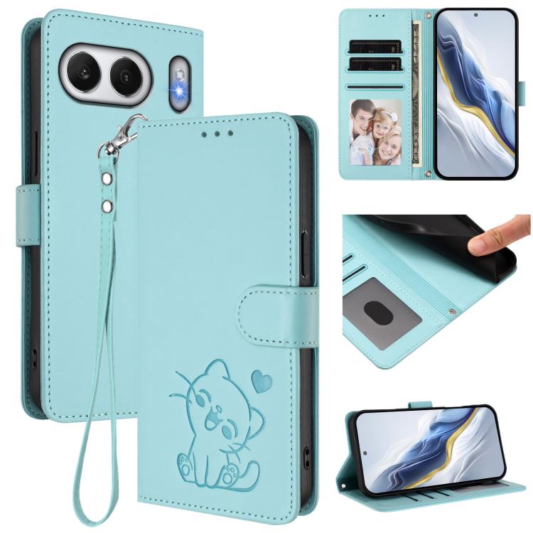 Embossed Heart Cat Leather Phone Case with Hand Strap, For OnePlus 13T 5G, For OnePlus 13R / Ace 5 Pro / Ace 5, For OnePlus 13, For OnePlus Nord 4 5G
