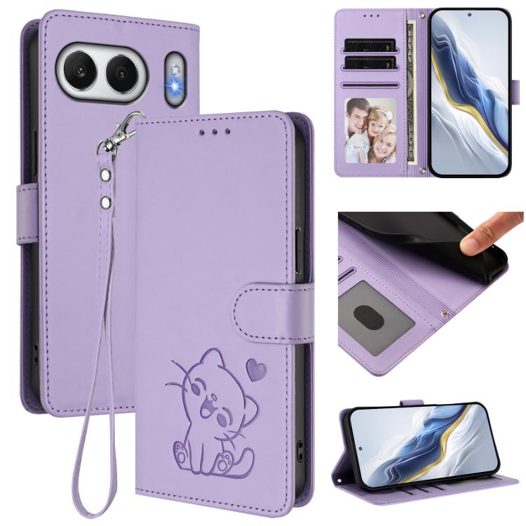 Embossed Heart Cat Leather Phone Case with Hand Strap, For OnePlus 13T 5G, For OnePlus 13R / Ace 5 Pro / Ace 5, For OnePlus 13, For OnePlus Nord 4 5G
