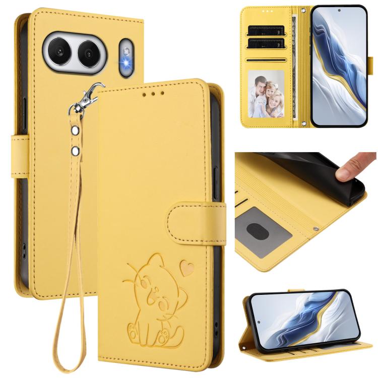 Embossed Heart Cat Leather Phone Case with Hand Strap, For OnePlus 13T 5G, For OnePlus 13R / Ace 5 Pro / Ace 5, For OnePlus 13, For OnePlus Nord 4 5G