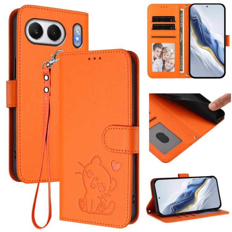 Embossed Heart Cat Leather Phone Case with Hand Strap, For OnePlus 13T 5G, For OnePlus 13R / Ace 5 Pro / Ace 5, For OnePlus 13, For OnePlus Nord 4 5G