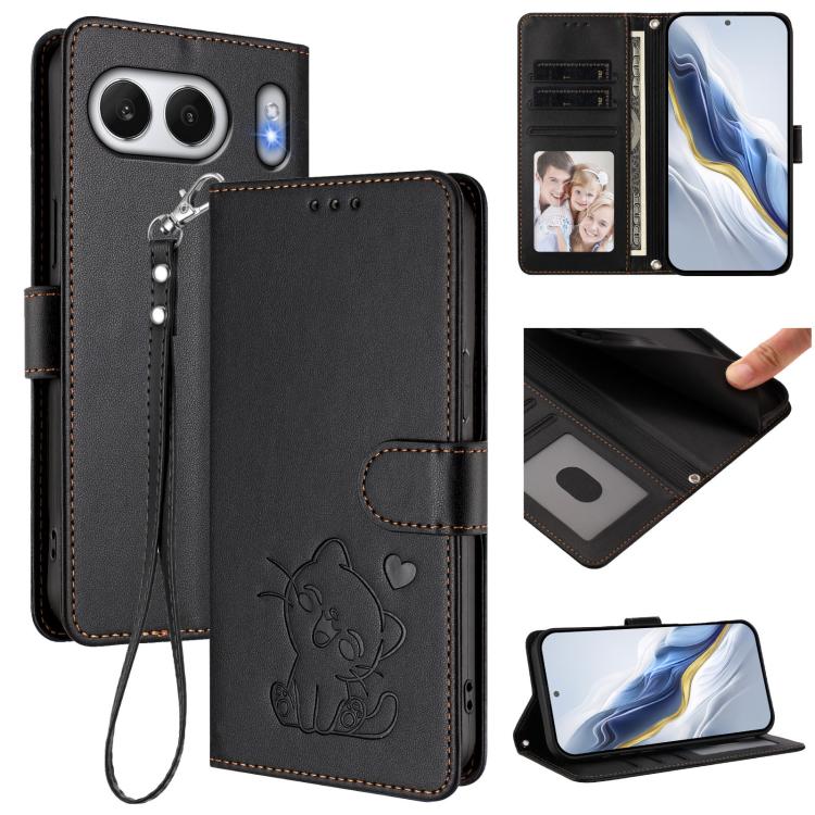 Embossed Heart Cat Leather Phone Case with Hand Strap, For OnePlus 13T 5G, For OnePlus 13R / Ace 5 Pro / Ace 5, For OnePlus 13, For OnePlus Nord 4 5G