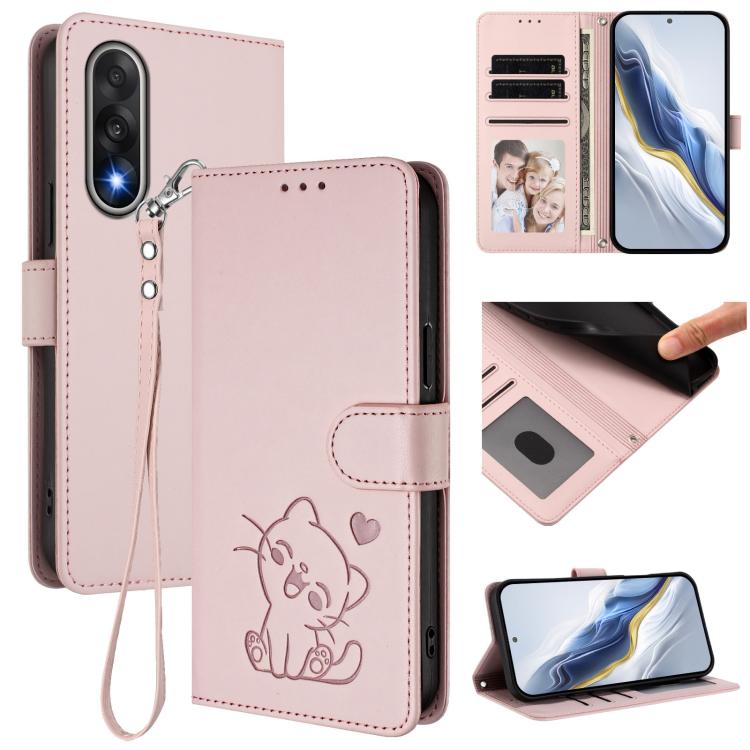Embossed Heart Cat Leather Phone Case with Hand Strap, For OnePlus Turbo 6X Pro 5G, For OnePlus Turbo 6 / 6V 5G, For OnePlus Nord 5 5G / Ace 5 Ultra, For OnePlus Nord CE5 / Ace 5 Racing