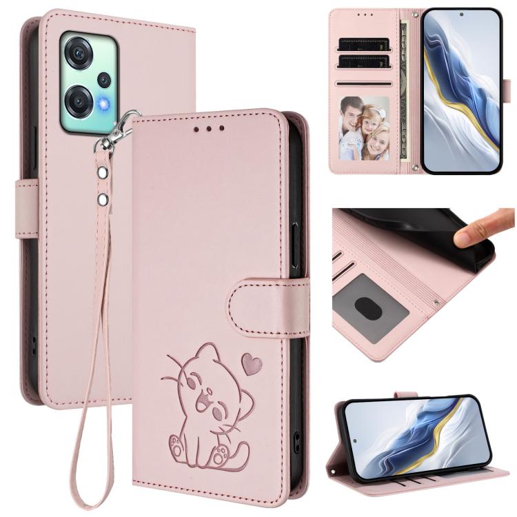 Embossed Heart Cat Leather Phone Case with Hand Strap, For OnePlus Nord CE4 Lite 5G, For OnePlus Nord CE 2 Lite 5G, For OnePlus Nord CE4 5G, For OnePlus Nord N30 SE 5G