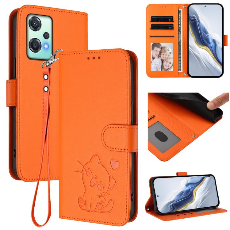 Embossed Heart Cat Leather Phone Case with Hand Strap, For OnePlus Nord CE4 Lite 5G, For OnePlus Nord CE 2 Lite 5G, For OnePlus Nord CE4 5G, For OnePlus Nord N30 SE 5G