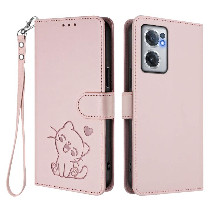 Embossed Heart Cat Leather Phone Case with Hand Strap, For OnePlus Nord CE 2 5G, For OnePlus 10 Pro 5G, OnePlus Nord N20 5G, For OnePlus Nord N200 5G