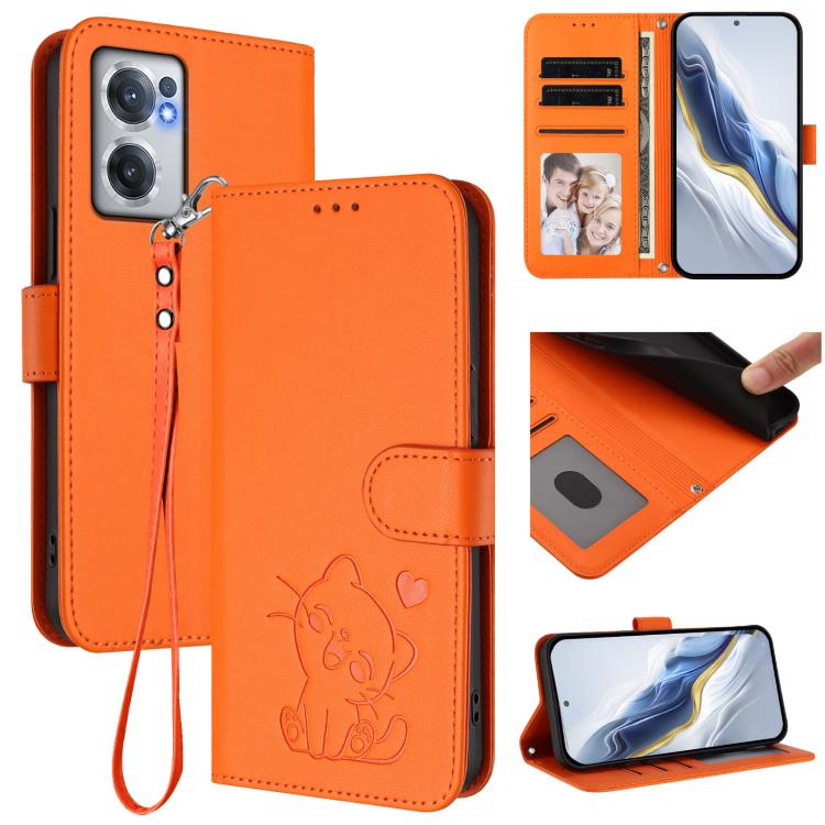 Embossed Heart Cat Leather Phone Case with Hand Strap, For OnePlus Nord CE 2 5G, For OnePlus 10 Pro 5G, OnePlus Nord N20 5G, For OnePlus Nord N200 5G