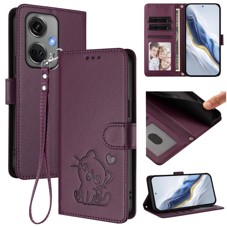 Embossed Heart Cat Leather Phone Case with Hand Strap, For OnePlus 12R 5G / Ace 3 5G, For OnePlus 12 5G, For OnePlus Ace 2 Pro 5G, For OnePlus Nord CE3 5G India