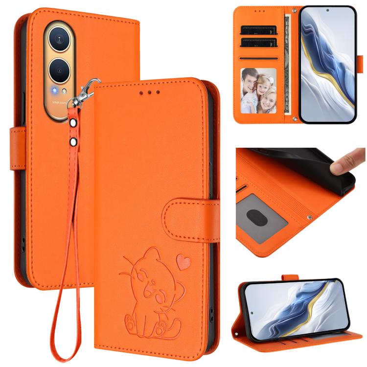Embossed Heart Cat Leather Phone Case with Hand Strap, For OnePlus Nord CE4 Lite 5G, For OnePlus Nord CE 2 Lite 5G, For OnePlus Nord CE4 5G, For OnePlus Nord N30 SE 5G