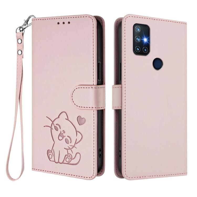Embossed Heart Cat Leather Phone Case with Hand Strap, For OnePlus Nord N10 5G