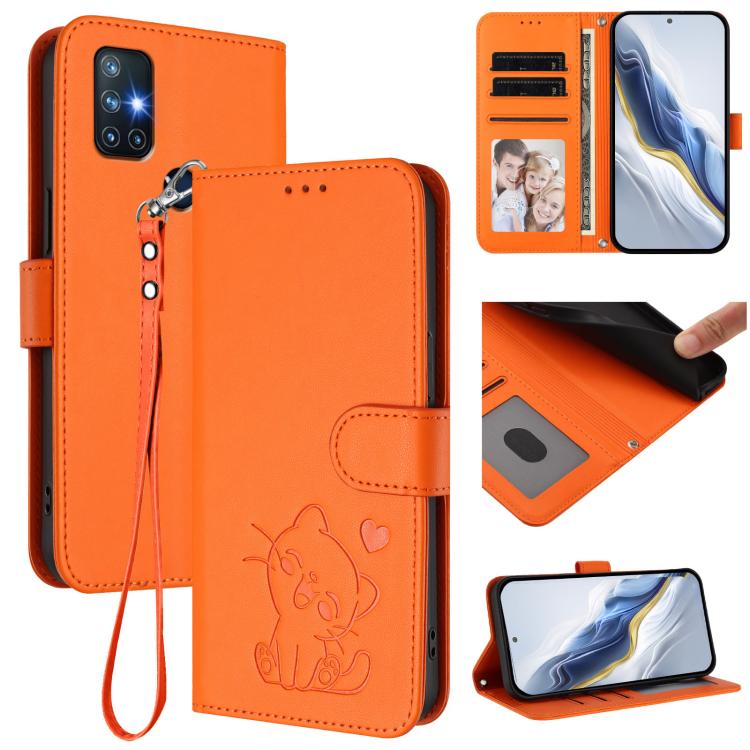 Embossed Heart Cat Leather Phone Case with Hand Strap, For OnePlus Nord N10 5G